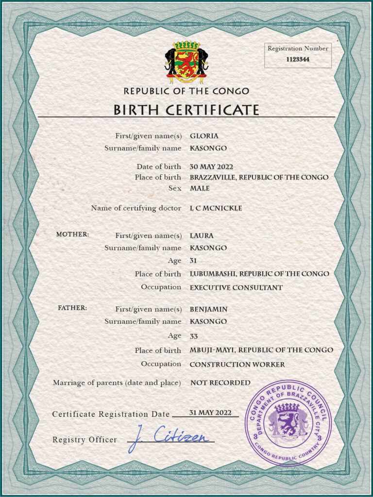 Congo (Republic of the) vital record birth certificate PSD template, completely editable