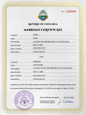 Costa Rica Marriage Certificate Editable PSD Templates