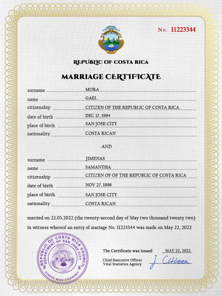 Costa Rica Marriage Certificate Editable PSD Templates