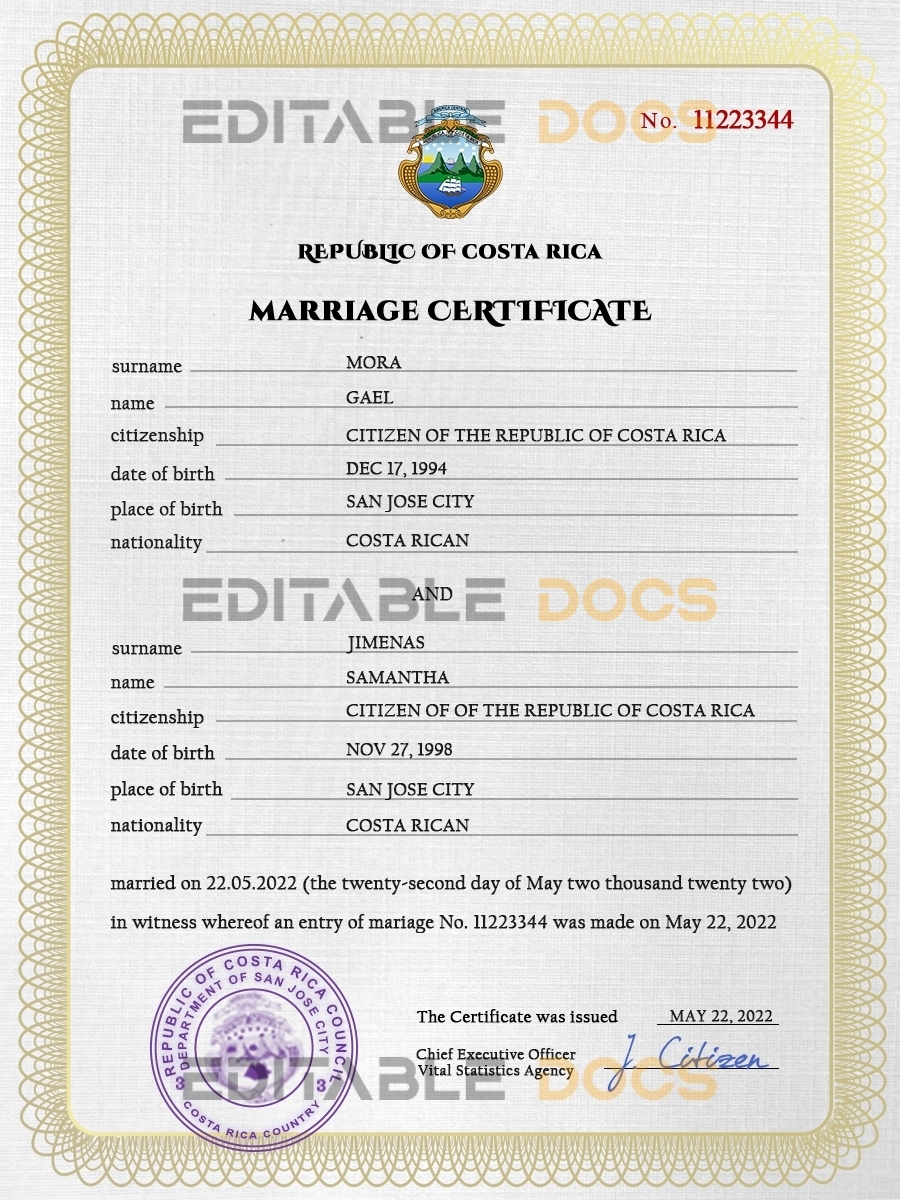 Costa Rica Marriage Certificate | Editable PSD Templates