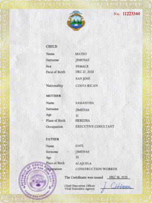 Costa Rica birth certificate PSD template, completely editable