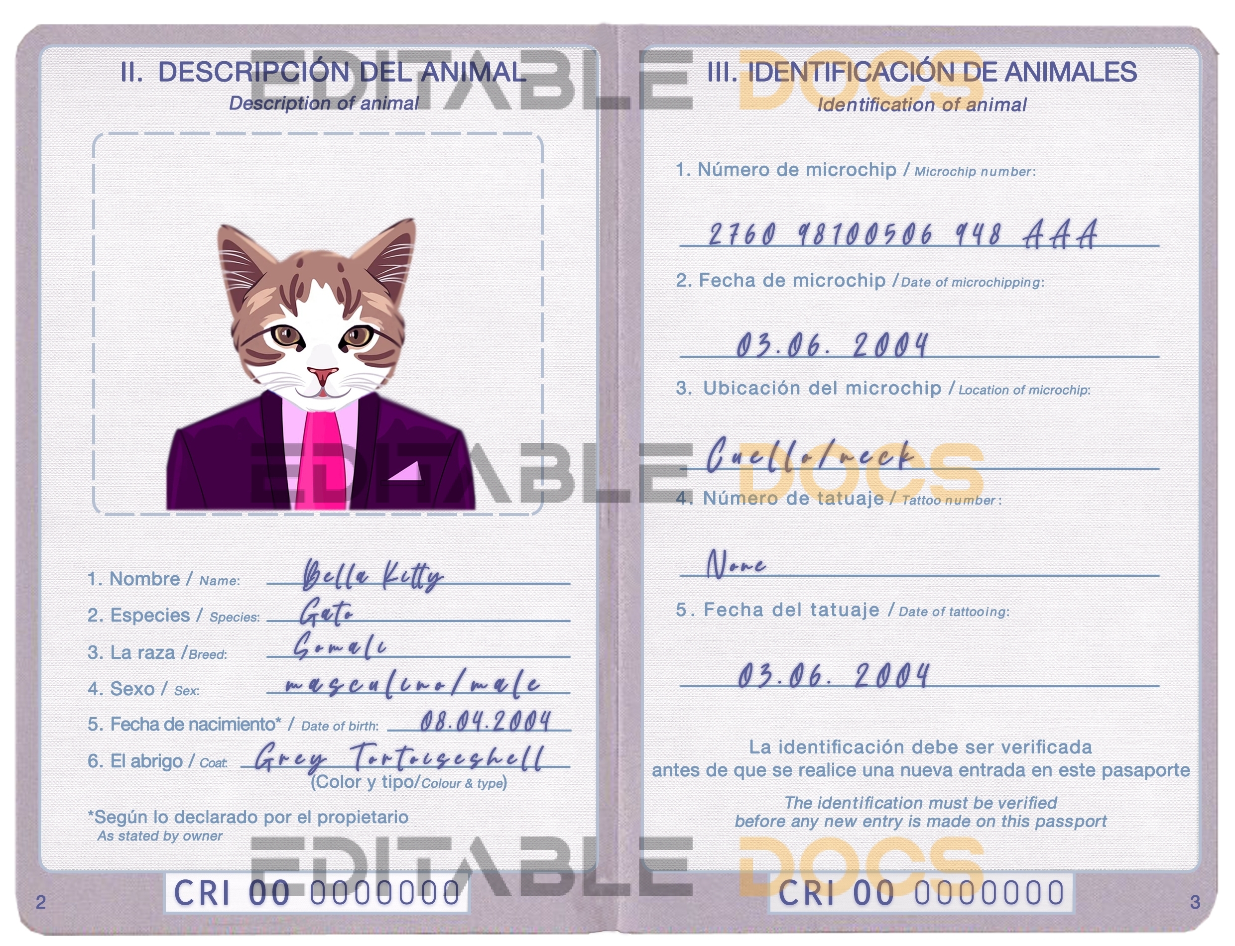 Costa Rica cat Fake PSD Passport | Instant Download