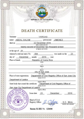 Costa Rica death certificate PSD template, completely editable