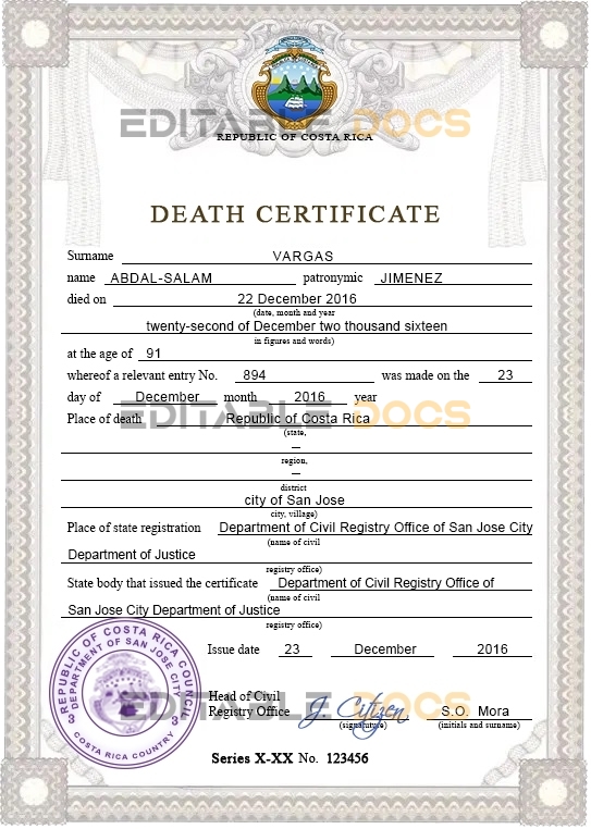 Costa Rica death certificate PSD template, completely editable