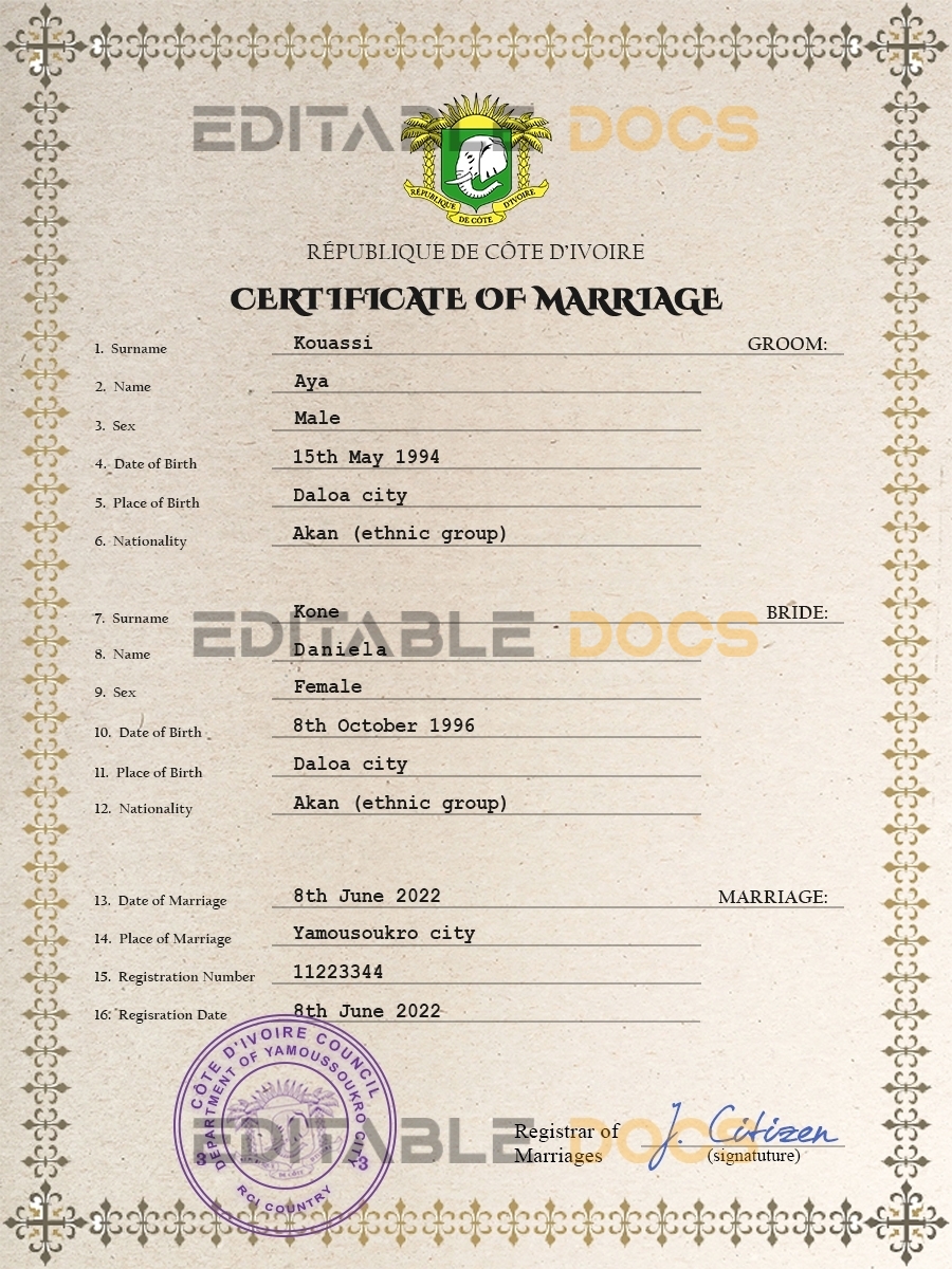 Cote dIvoire Marriage Certificate | Editable PSD Templates