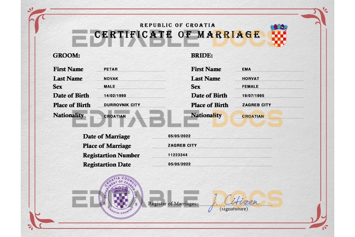 Croatia Marriage Certificate | Editable PSD Templates