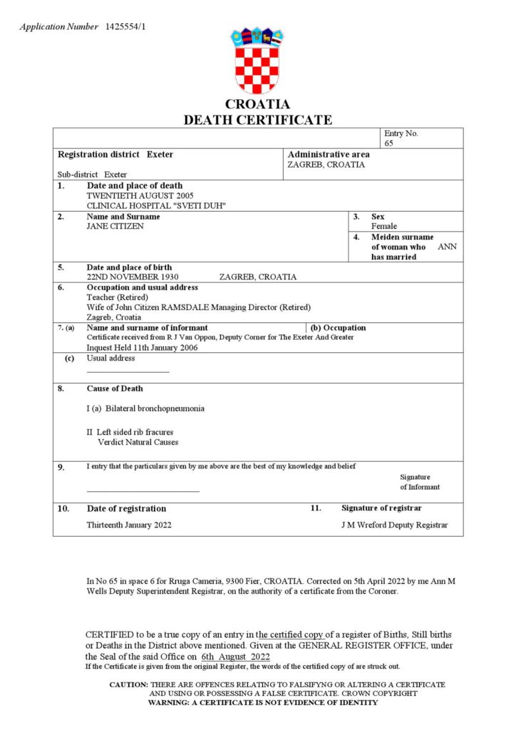 Croatia vital record death certificate Word and PDF template