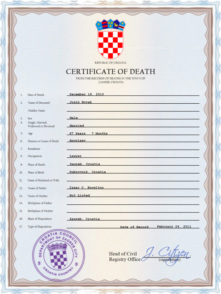 Customizable Croatia Death Certificate PSD Templates Instant Download