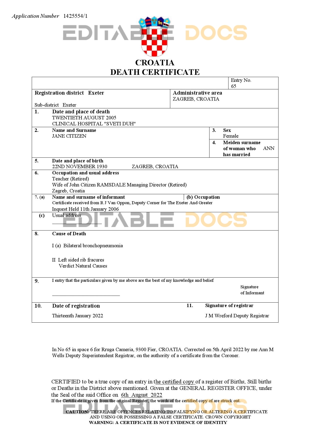Fillable Croatia Death PDF Templates | Blank Docs