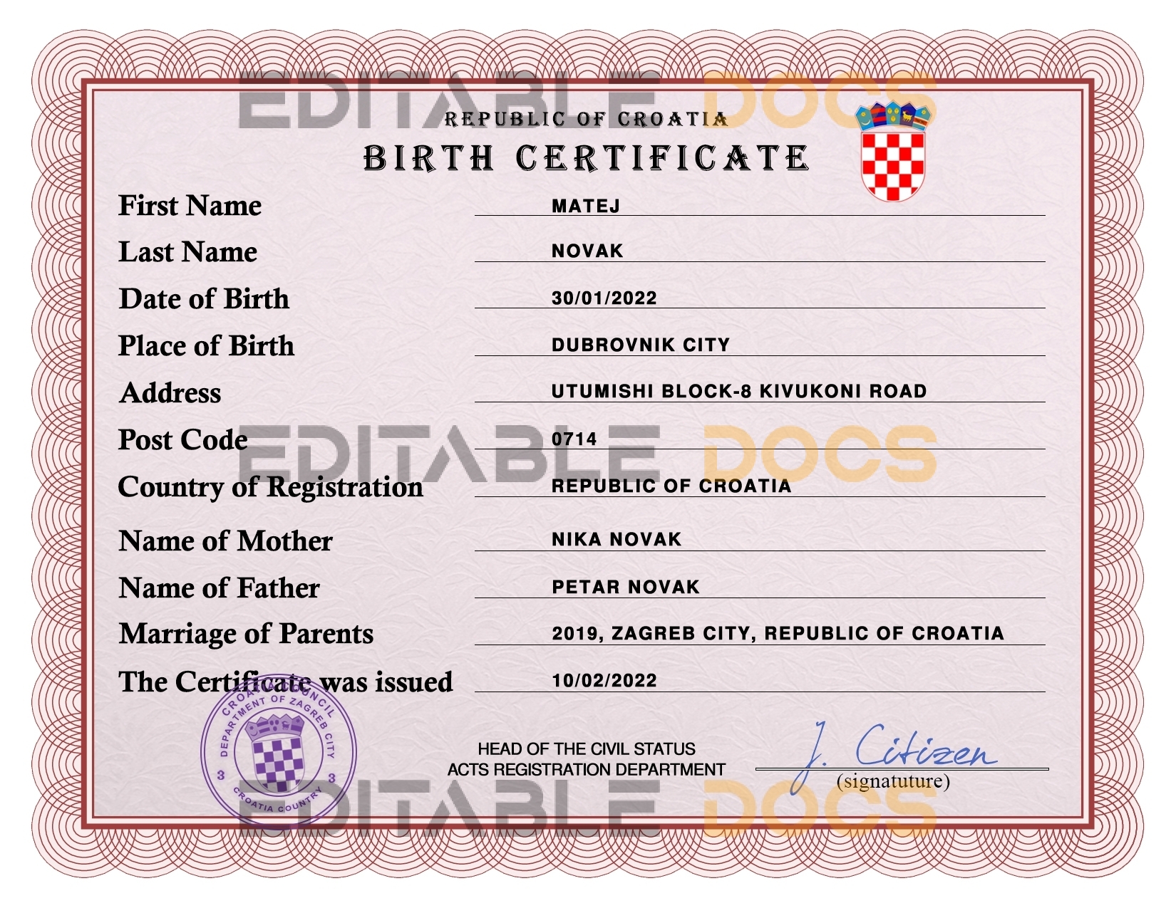 Authentic Croatia Birth Certificate Template | Customize and Download Online