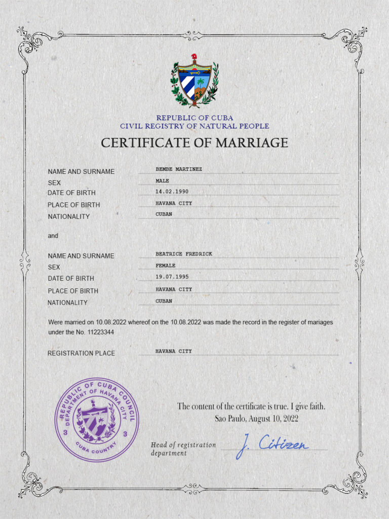 Cuba Marriage Certificate Editable PSD Templates