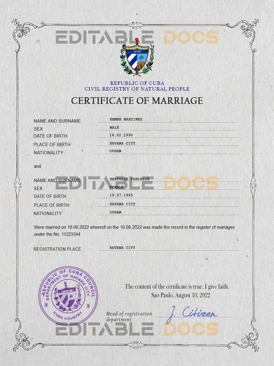 Cuba Marriage Certificate | Editable PSD Templates