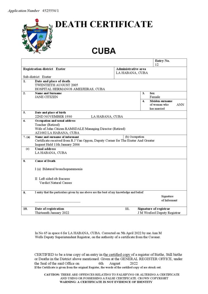 Cuba death certificate Word and PDF template, completely editable