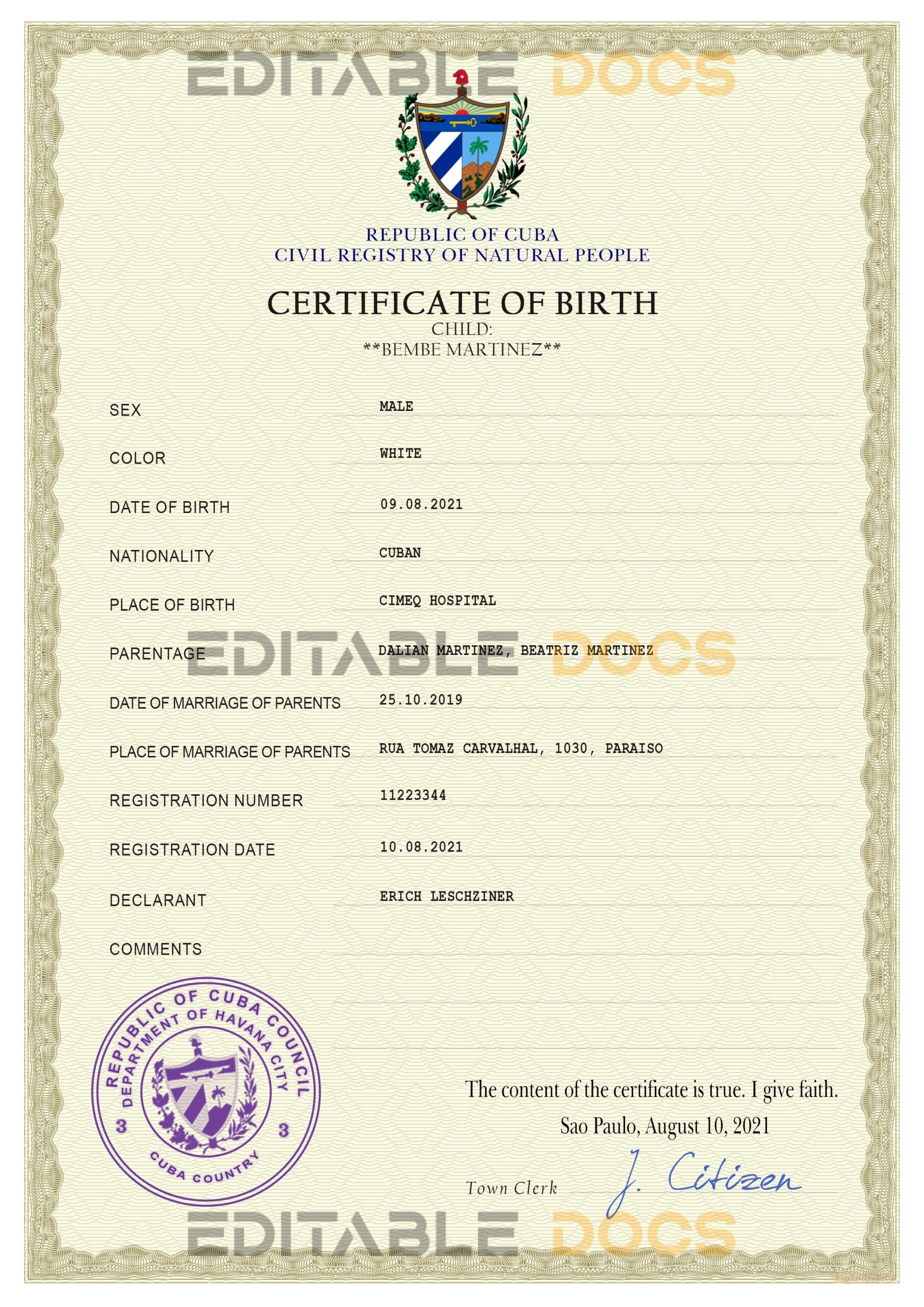 Authentic Cuba Birth Certificate Template | Customize and Download Online