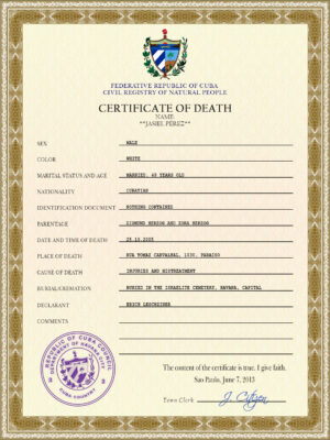 Cuba vital record death certificate PSD template, completely editable