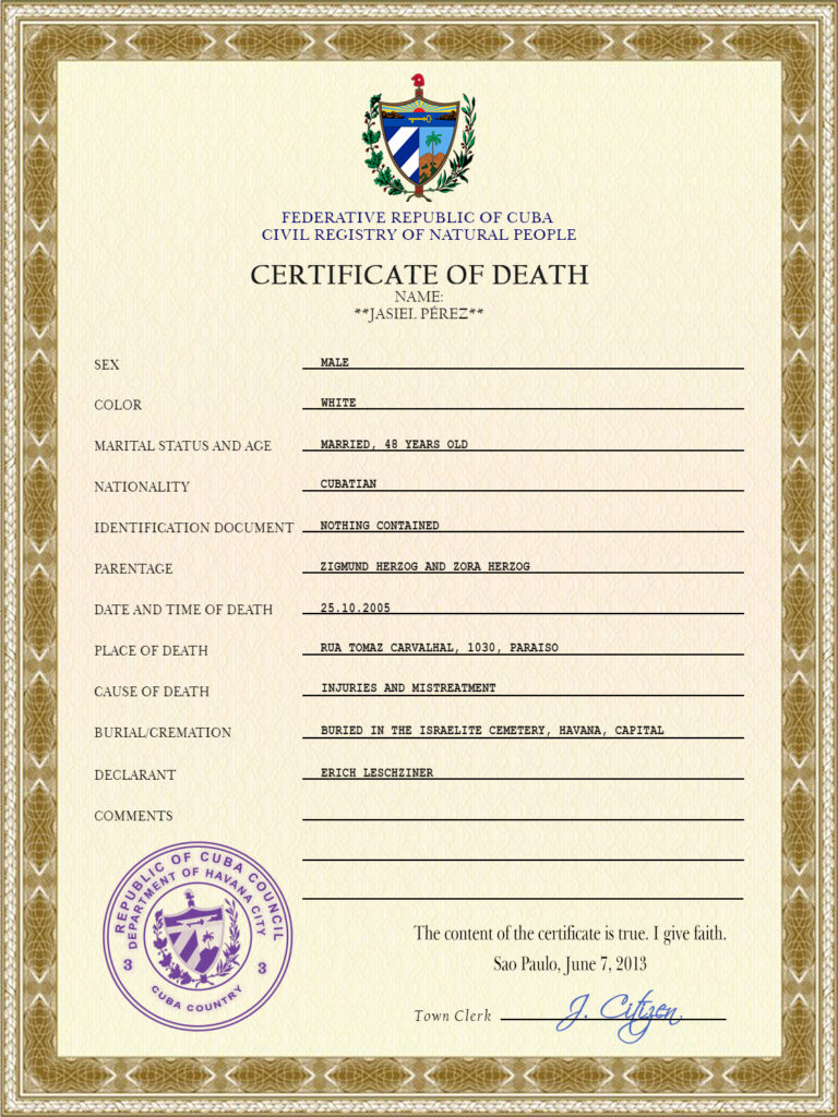 Cuba vital record death certificate PSD template, completely editable