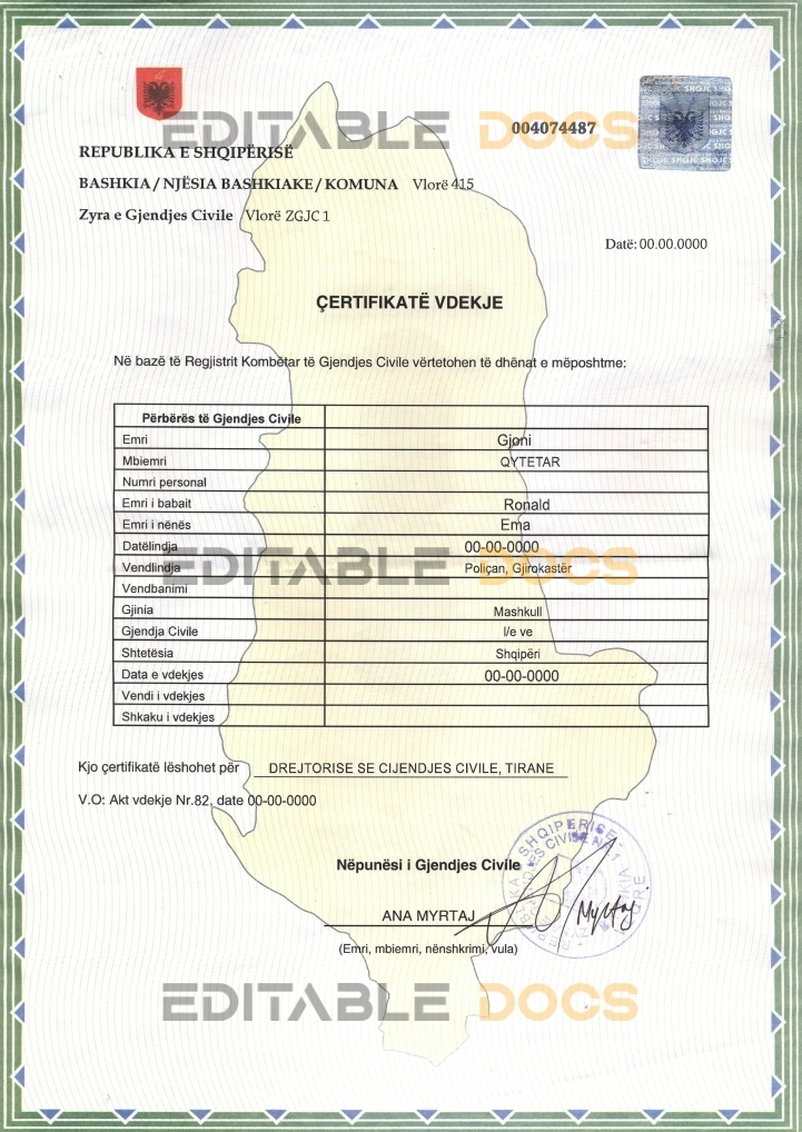 Albania death certificate template in PSD format, fully editable