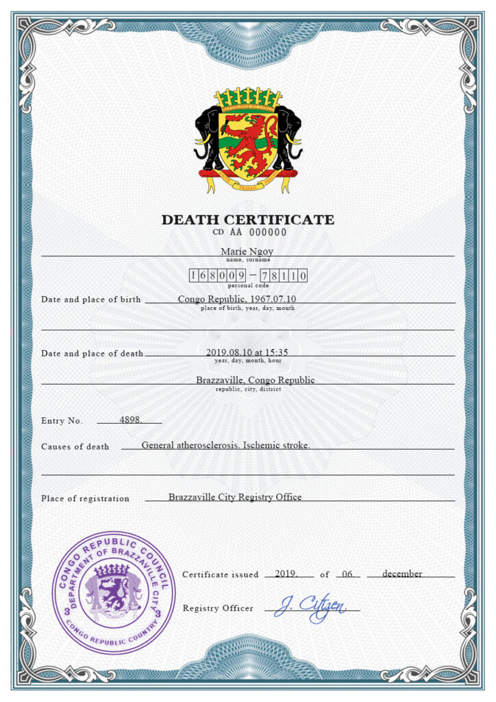 Congo vital record death certificate PSD template