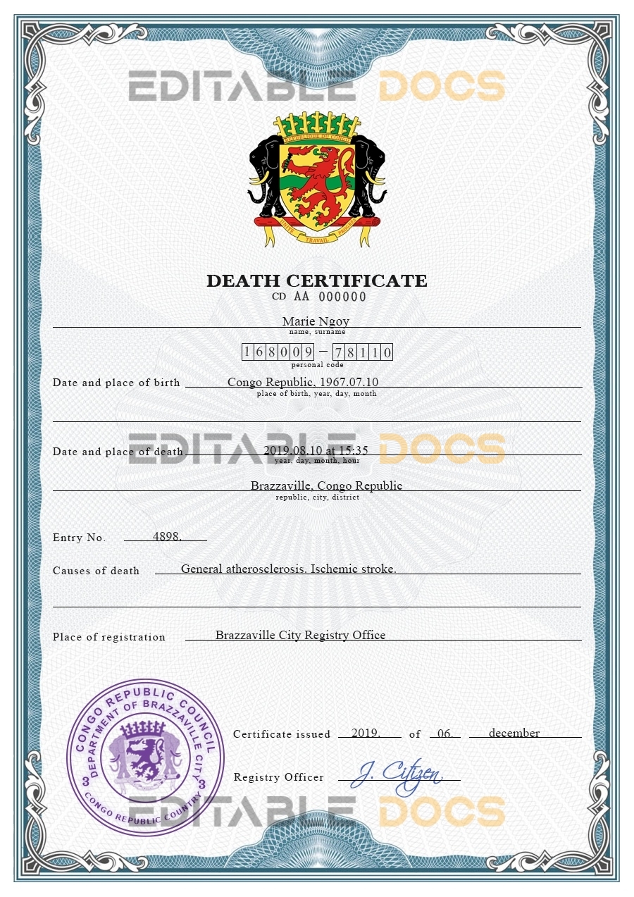 Customizable Congo Death Certificate PSD Templates | Instant Download