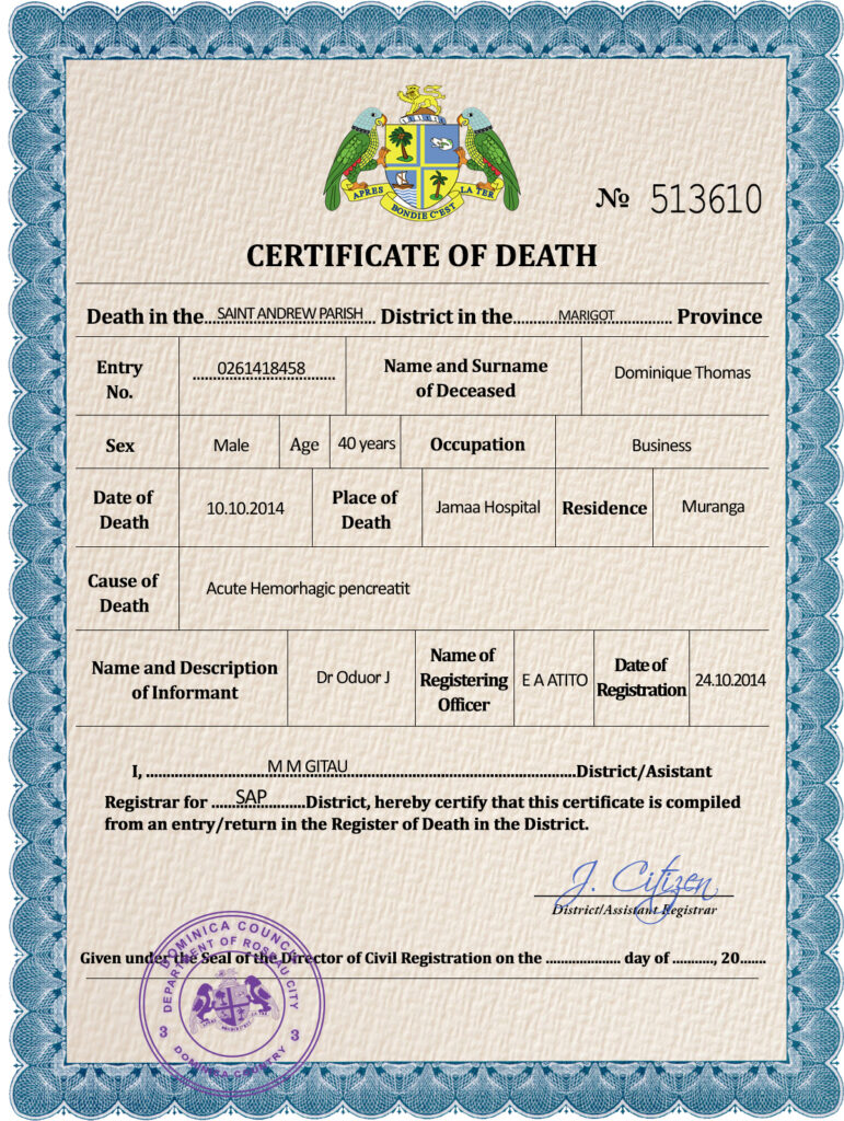 Dominica vital record death certificate PSD template, completely editable