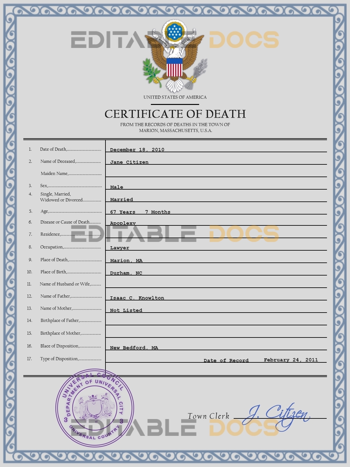 Customizable Dynamic Vital Record Universal Death Certificate PSD Templates | Instant Download