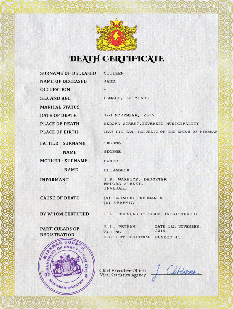 Myanmar death certificate PSD template, completely editable