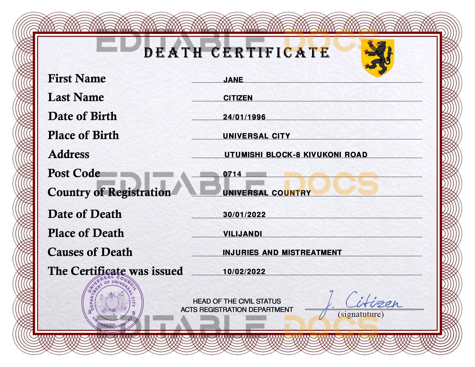 Customizable Rave Vital Record Universal Death Certificate PSD Templates | Instant Download