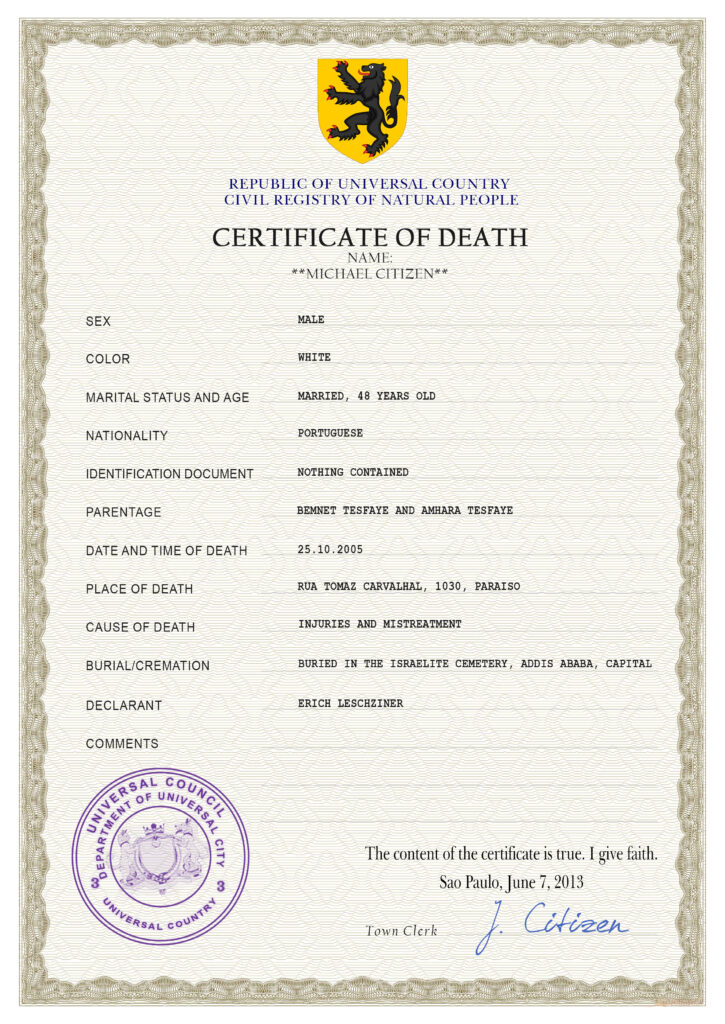 Customizable Trust Vital Record Universal Death Certificate PSD Templates