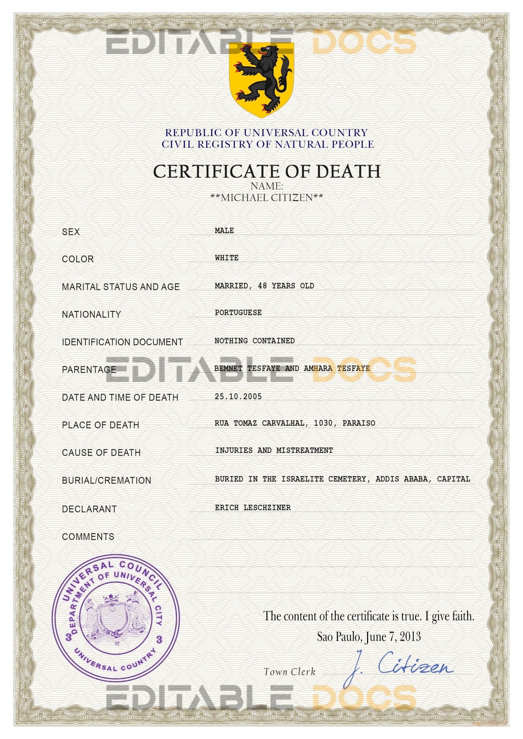Customizable Trust Vital Record Universal Death Certificate PSD Templates | Instant Download