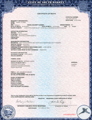 USA South Dakota state death certificate template in PSD format, fully editable