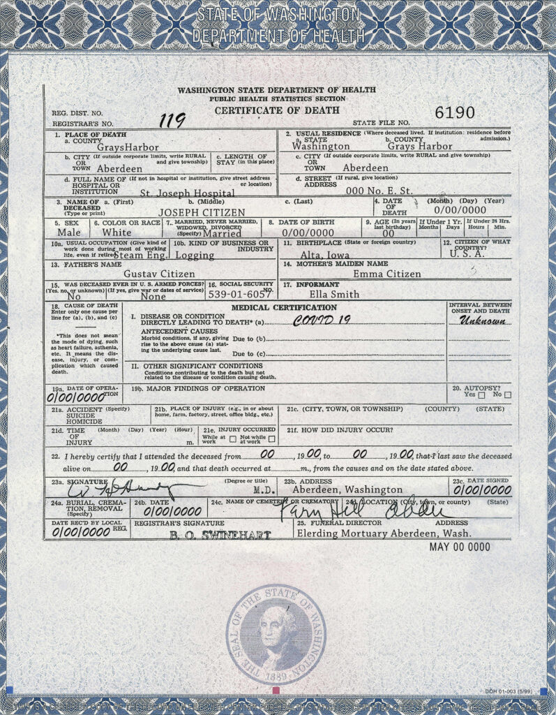 USA Washington state death certificate template in PSD format, fully editable