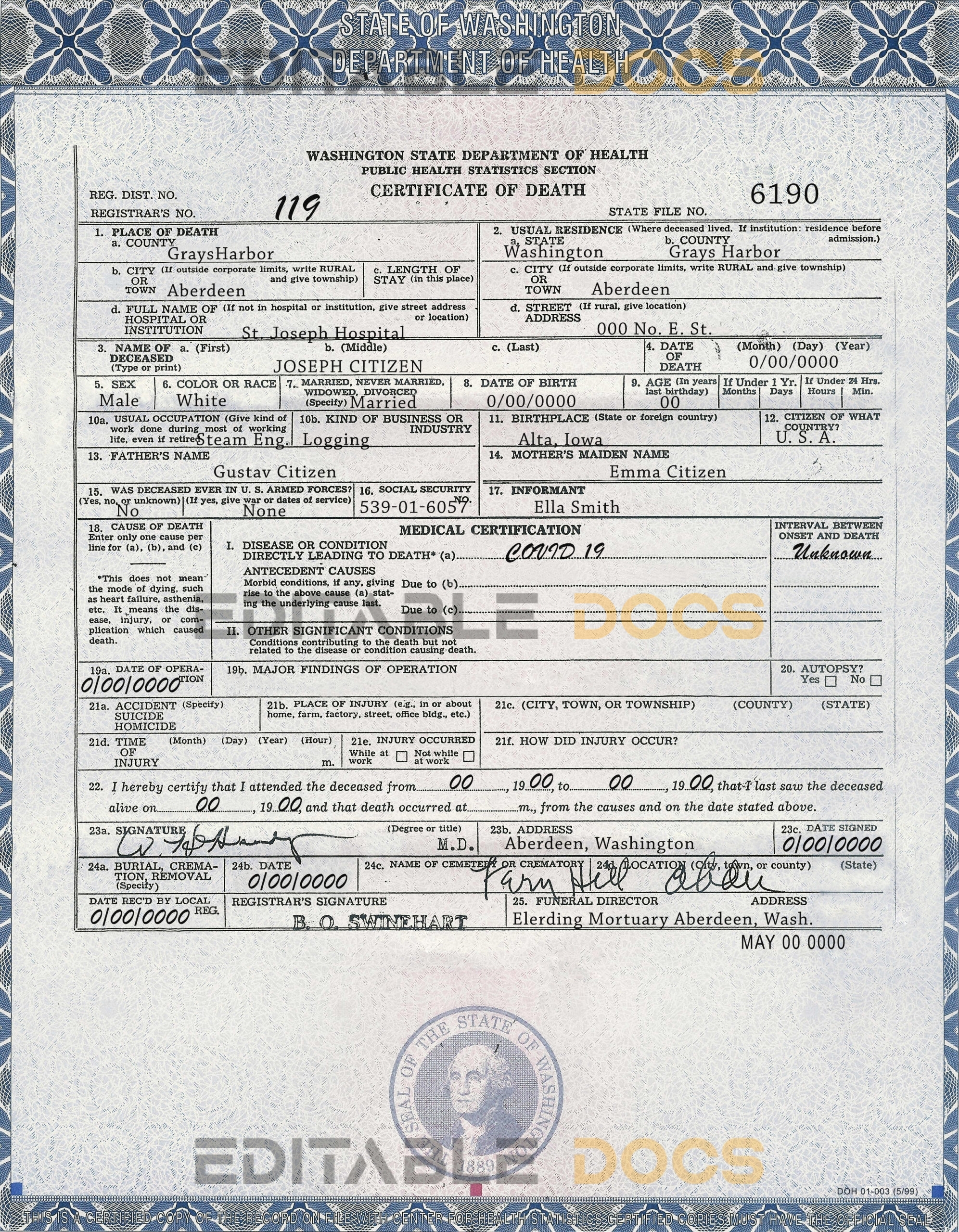 Customizable USA Washington state Death Certificate PSD Templates | Instant Download