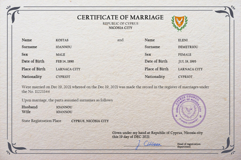 Cyprus Marriage Certificate Editable PSD Templates