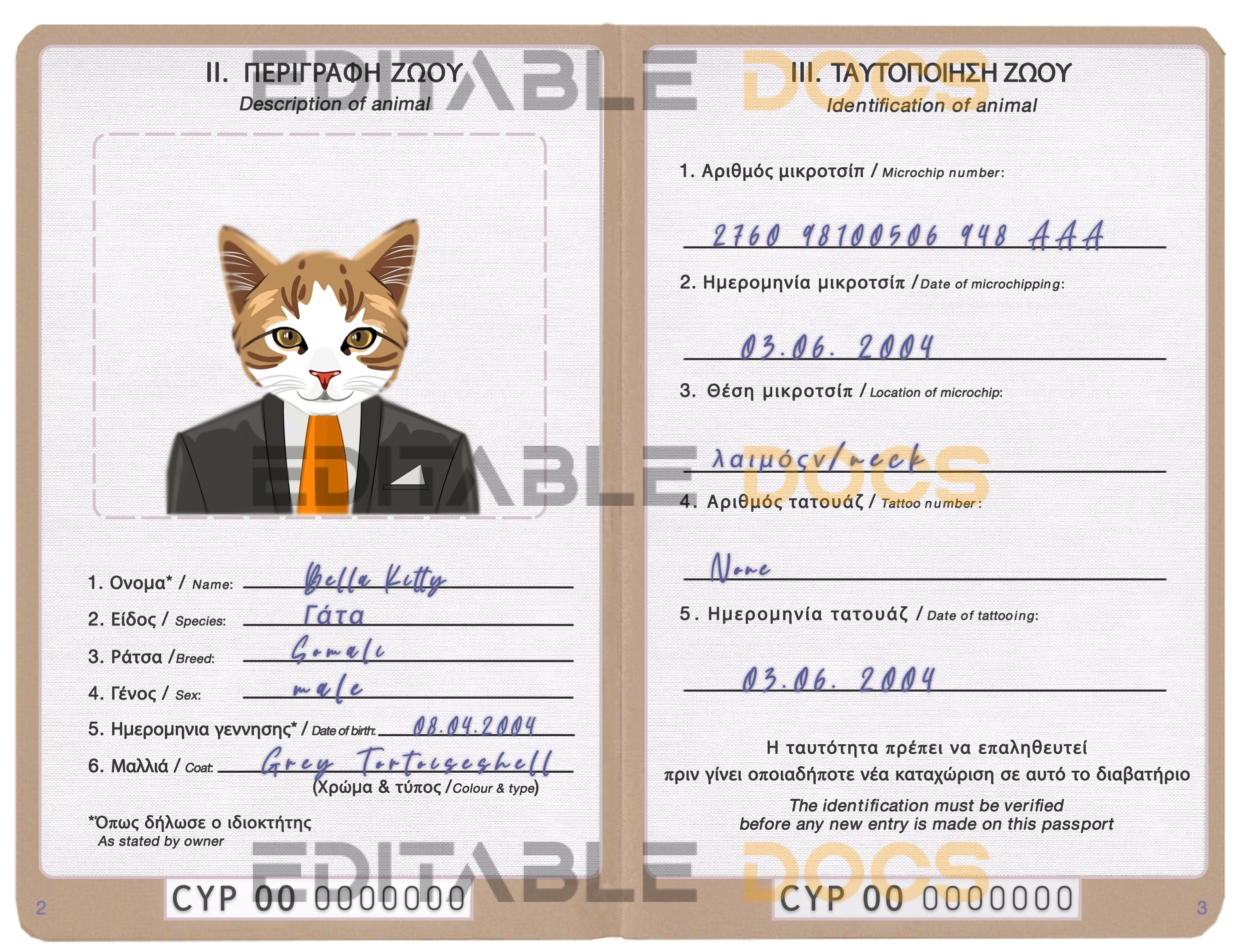 Cyprus cat Fake PSD Passport | Instant Download