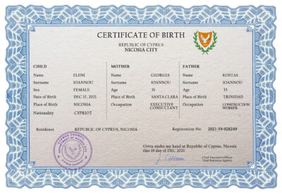 Cyprus vital record birth certificate PSD template