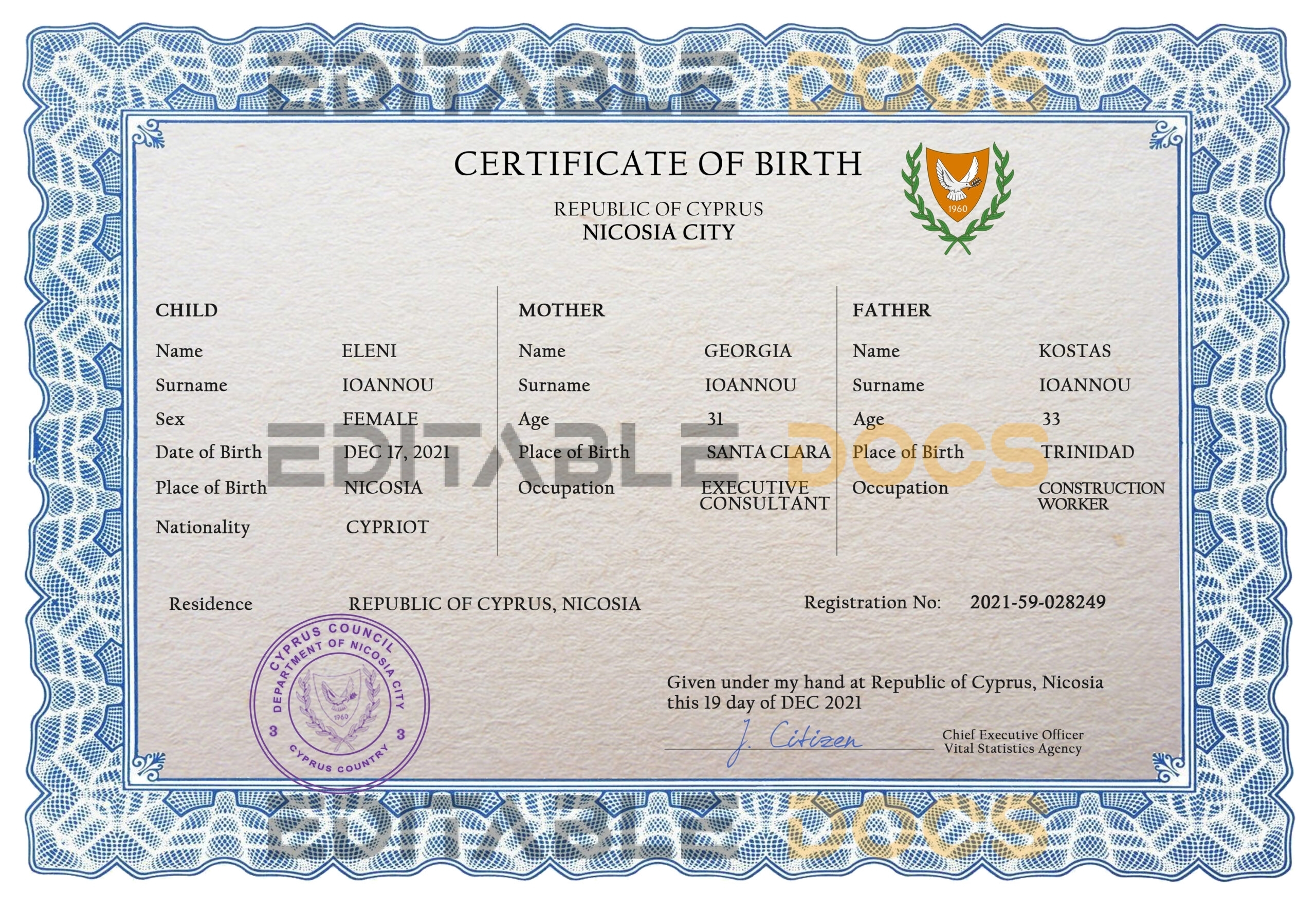 Authentic Cyprus Birth Certificate Template | Customize and Download Online