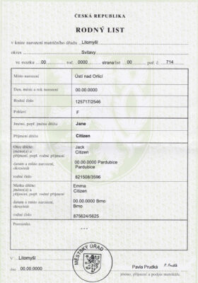 Czech birth certificate fully editable template in PSD format