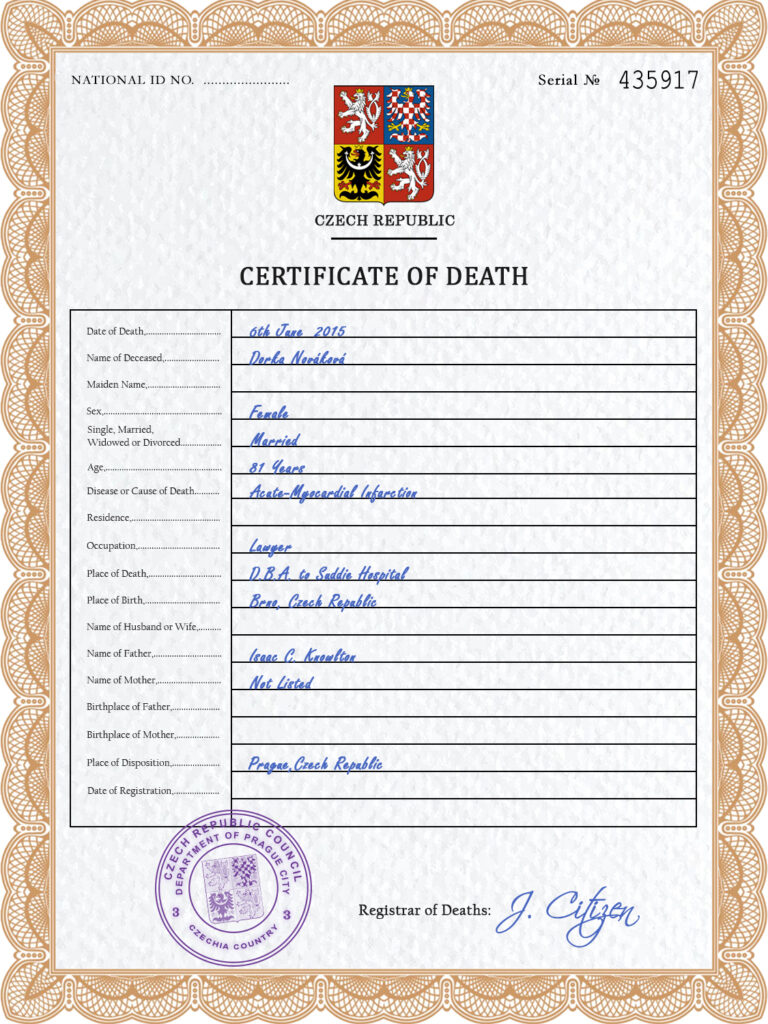 Czechia death certificate PSD template, completely editable