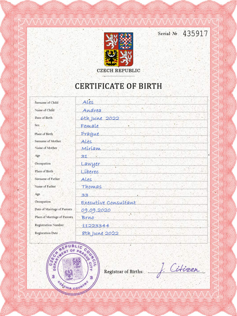 Authentic Czechia Birth Certificate Template | Customize and Download Online