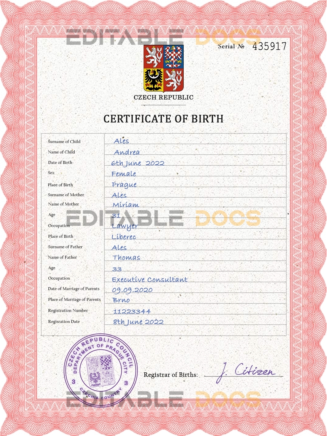 Authentic Czechia Birth Certificate Template | Customize and Download Online