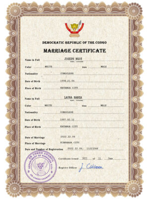 Democratic Republic of the Congo Marriage Certificate Editable PSD Templates