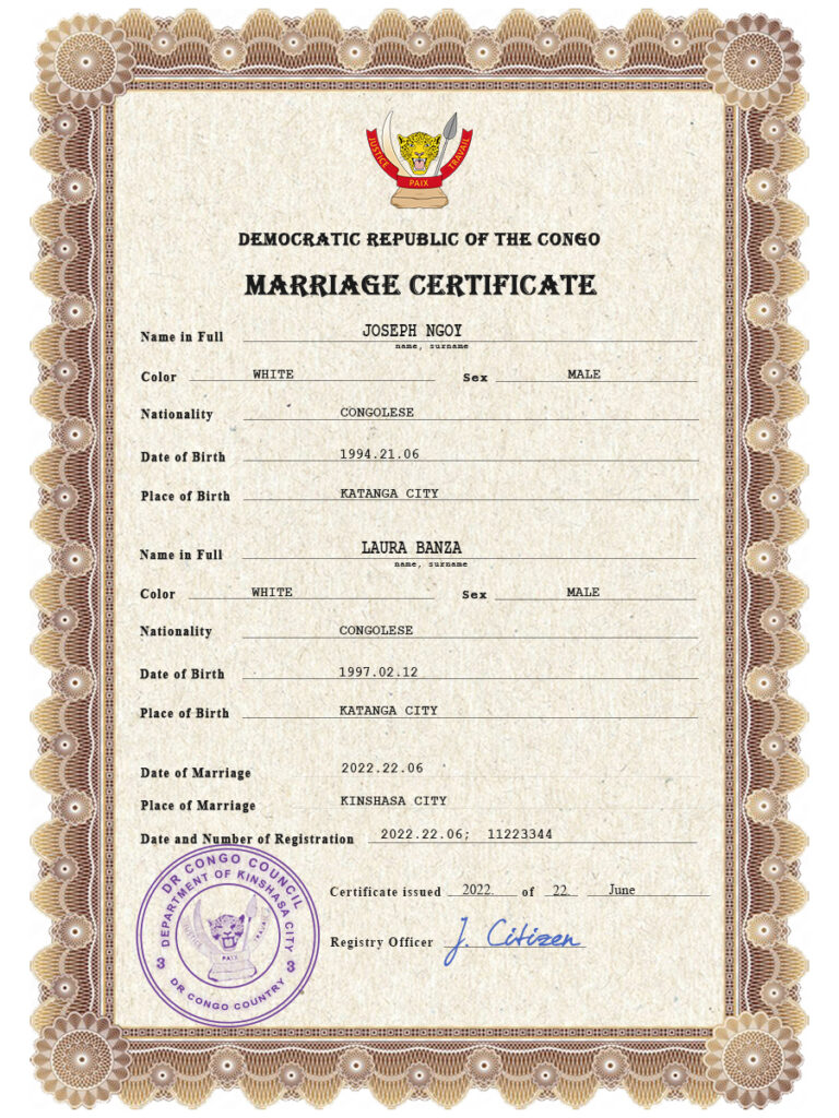 Democratic Republic of the Congo Marriage Certificate Editable PSD Templates