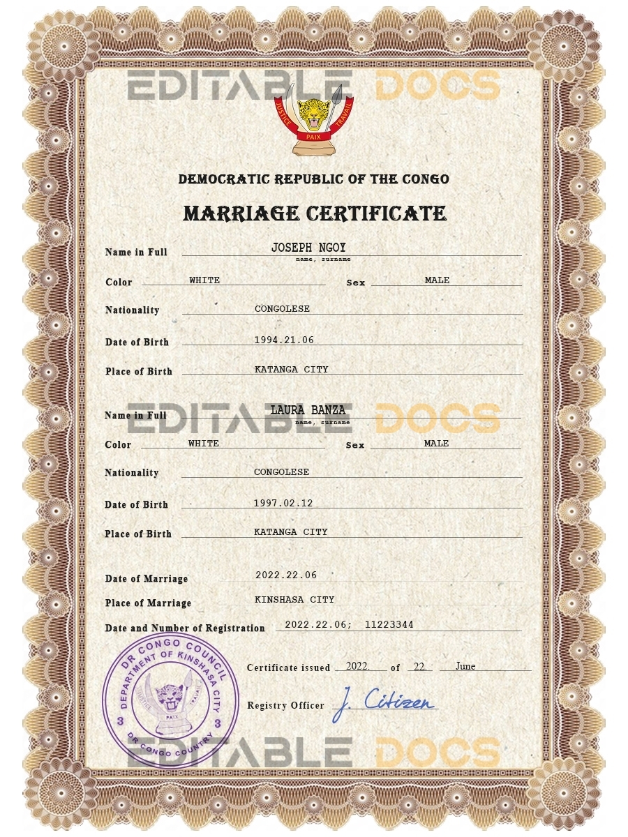 Democratic Republic of the Congo Marriage Certificate | Editable PSD Templates