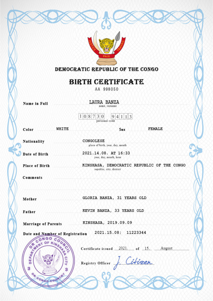 Authentic Democratic Republic of the Congo Birth Certificate Template | Customize and Download Online