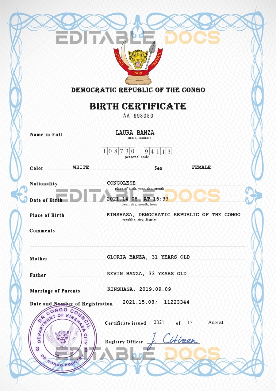 Authentic Democratic Republic of the Congo Birth Certificate Template | Customize and Download Online