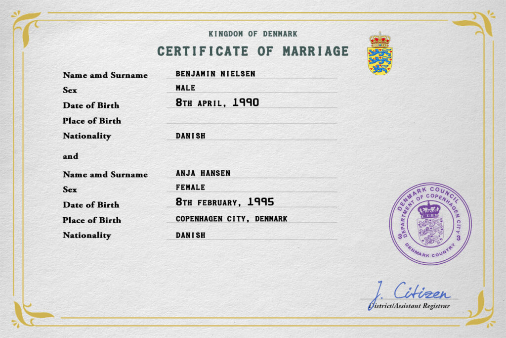 Denmark Marriage Certificate | Editable PSD Templates