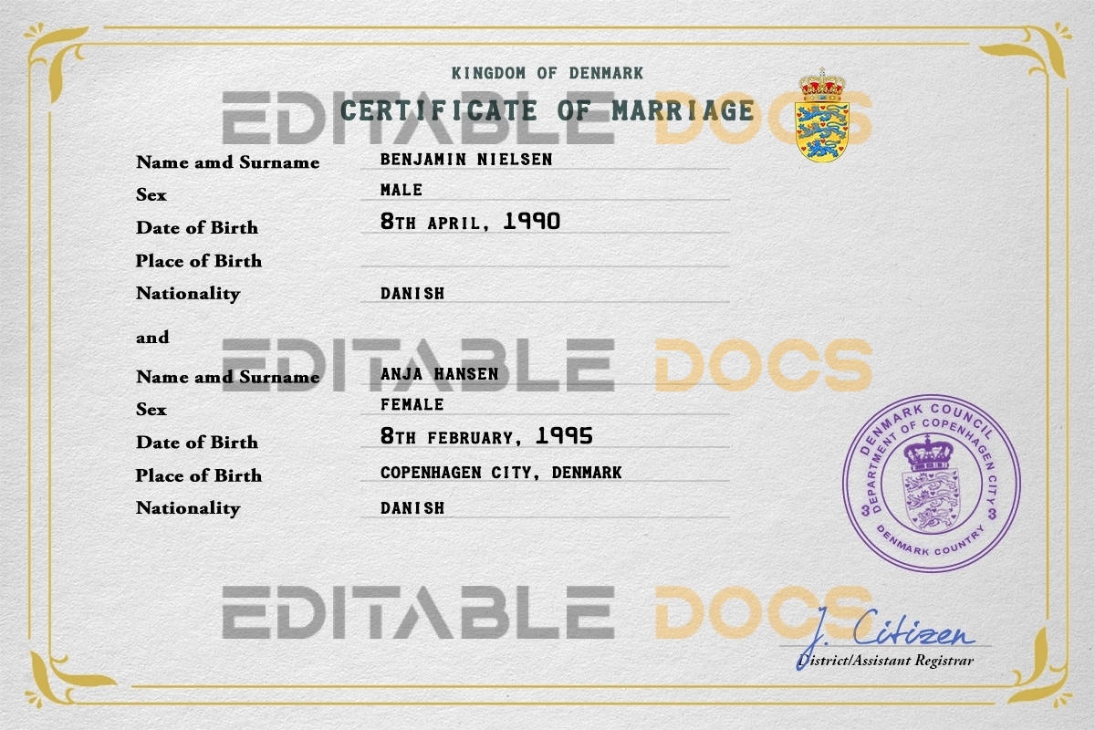 Denmark Marriage Certificate | Editable PSD Templates