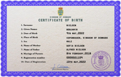 Authentic Denmark Birth Certificate Template | Customize and Download Online