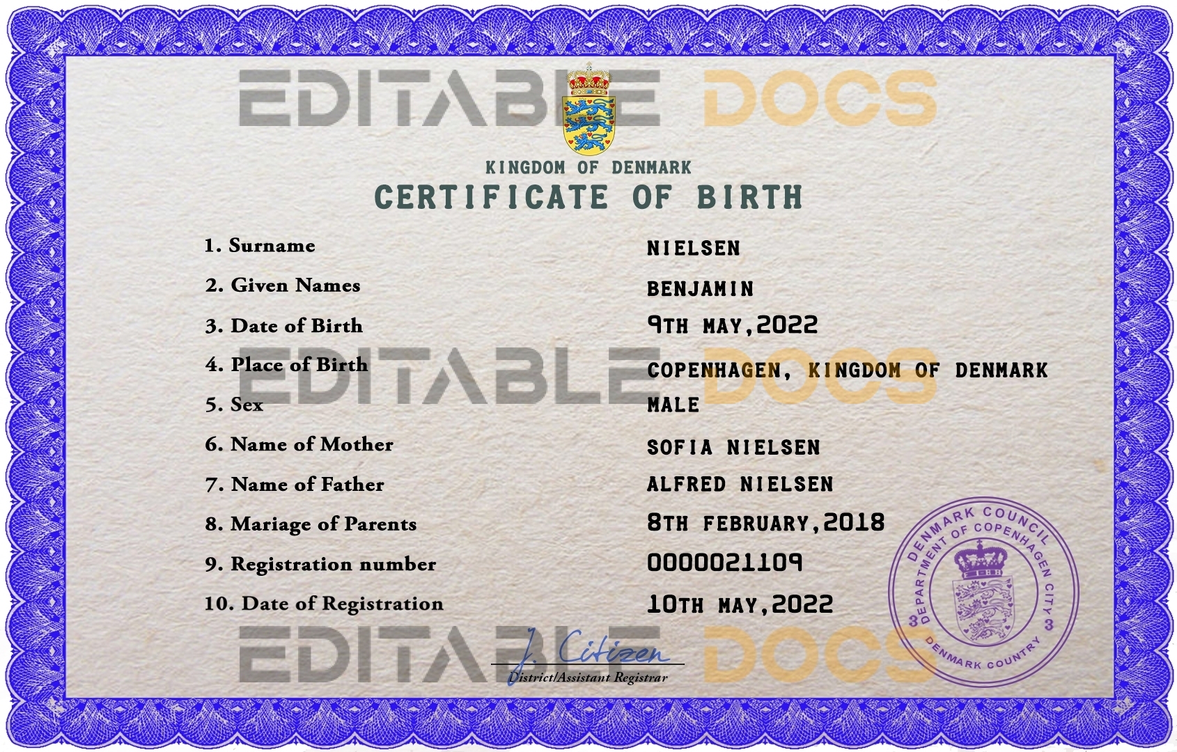 Authentic Denmark Birth Certificate Template | Customize and Download Online