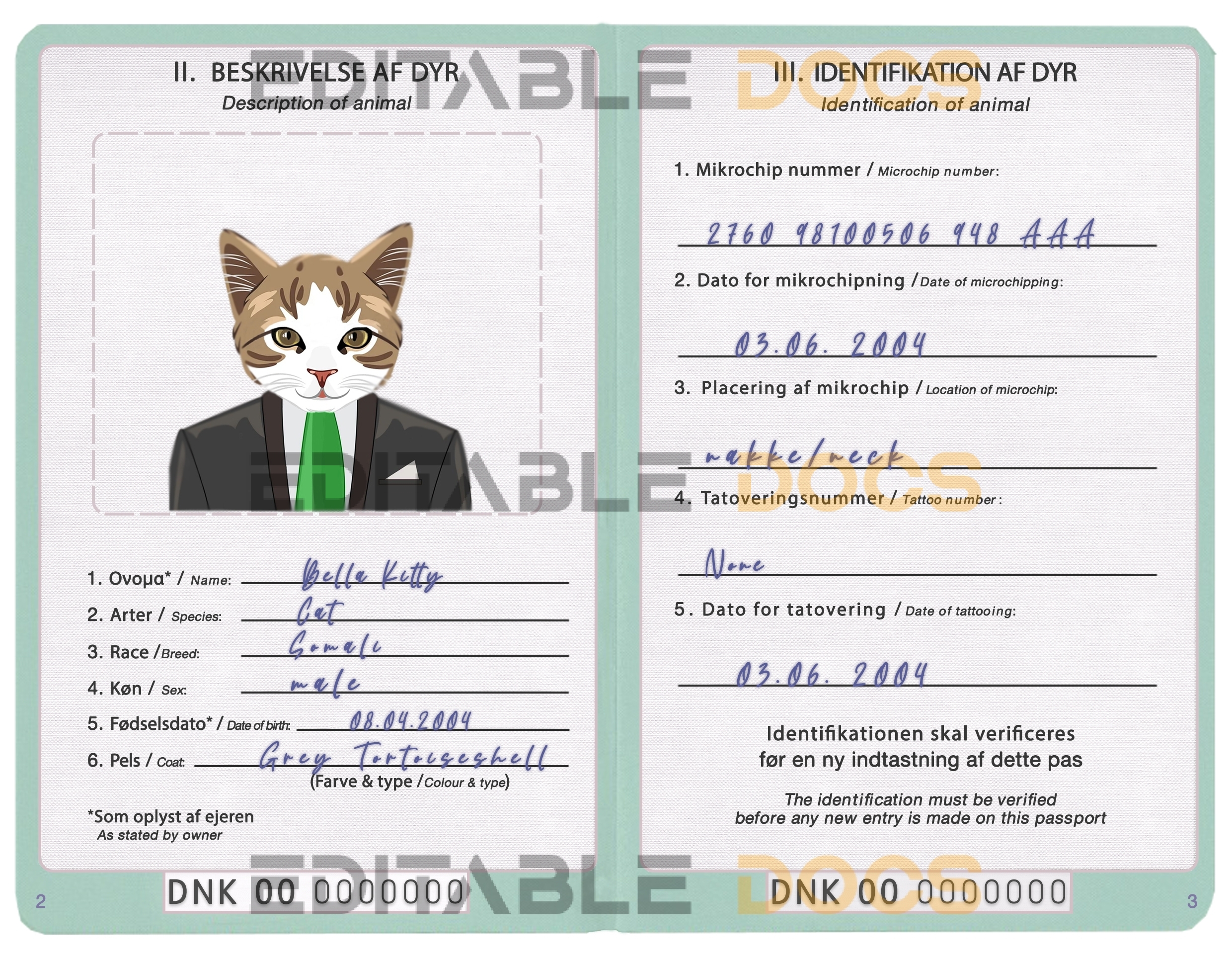 Denmark cat Fake PSD Passport | Instant Download
